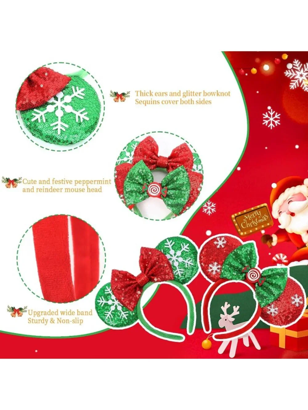 Women Xmas Sparkly Sequin Mickey Mouse Costume Headband For Cosplay 2PCS